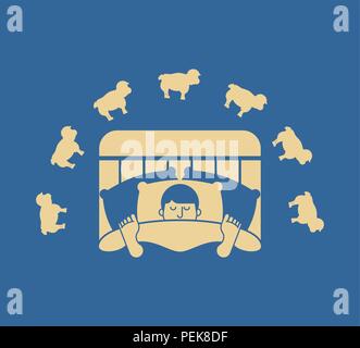 Homme endormi et les moutons. Guy au lit endormi. sleeper mâle. Vector illustration Illustration de Vecteur