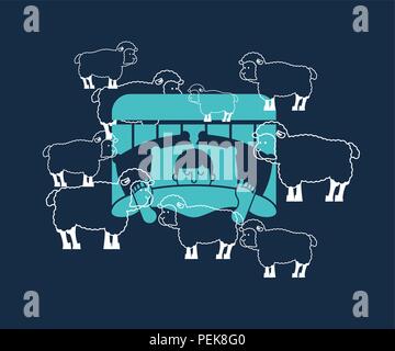 Homme endormi et les moutons. Guy au lit endormi. sleeper mâle. Vector illustration Illustration de Vecteur