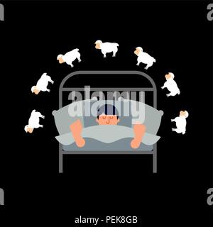 Homme endormi et les moutons. Guy au lit endormi. sleeper mâle. Vector illustration Illustration de Vecteur