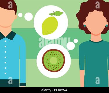 L'homme et la femme à parler de fruits kiwi citron frais Illustration de Vecteur