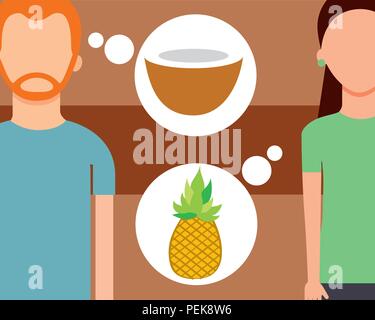 L'homme et la femme à parler de fruits ananas noix de coco fraîche Illustration de Vecteur