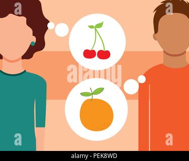 L'homme et la femme à parler de fruits orange cerise fraîche Illustration de Vecteur