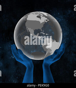 Belize avec drapeau sur globe translucide en mains dans l'espace. 3D illustration. Banque D'Images