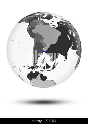 L'Uruguay avec drapeau sur le globe avec ombre isolé sur fond blanc. 3D illustration. Banque D'Images