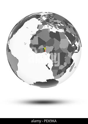 Bénin avec drapeau sur le globe avec ombre isolé sur fond blanc. 3D illustration. Banque D'Images