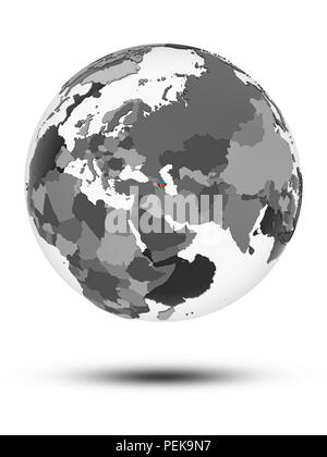 L'Azerbaïdjan avec drapeau sur le globe avec ombre isolé sur fond blanc. 3D illustration. Banque D'Images