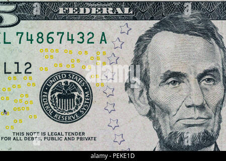 Cinq dollars closeup macro, united states argent close up Banque D'Images