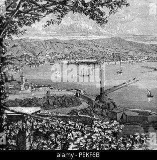 L'Italie, Ligurie, vue panoramique du port de Gênes gravure d'époque, sur la mer Tyrrhénienne, avec le vieux phare Lanterna Banque D'Images