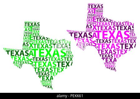 Sketch Texas (États-Unis d'Amérique, le Lone Star State) lettre du texte, Texas site - dans la forme du continent, la carte Texas - vert et violet Illustration de Vecteur
