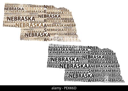 Sketch Nebraska (États-Unis d'Amérique, État Cornhusker) lettre du texte, le Nebraska site - dans la forme du continent, la carte Nebraska - Brown et b Illustration de Vecteur