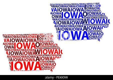 Sketch Iowa (États-Unis d'Amérique) texte de la lettre, la carte carte de l'Iowa - sous la forme du continent, la carte de l'Iowa - rouge et bleu vector illustration Illustration de Vecteur