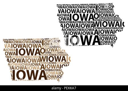 Sketch Iowa (États-Unis d'Amérique) texte de la lettre, la carte carte de l'Iowa - sous la forme du continent, la carte de l'Iowa - marron et noir vector illustration Illustration de Vecteur