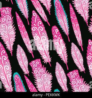 Flamingo feather brigth tourbillons colorés à la main. Modèle sans couture. Vector illustration isolé sur l'obscurité. Illustration de Vecteur