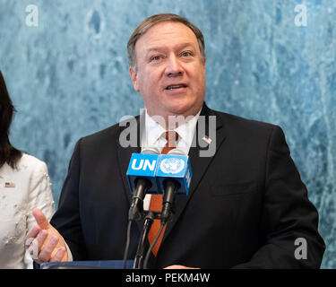 Le secrétaire d'Etat américain Mike Pompeo lors d'une conférence de presse à l'Organisation des Nations Unies à New York le 20 juillet 2018 Banque D'Images