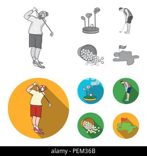 Support pour un club de golf, muzhchin jouant avec un club, panier avec des balles, l'étiquette avec un drapeau sur le terrain de golf. Club de Golf réglé collection icônes de monoch Illustration de Vecteur