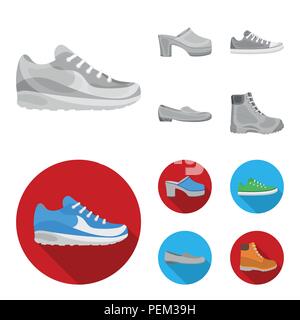 Les tongs, sabots sur une plate-forme haute et talon, sneakers vert avec lacets, femelle gris ballerines, chaussures rouges sur le tracteur seul. Set chaussures collectio Illustration de Vecteur