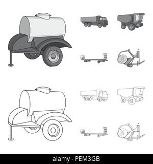 Remorque avec un baril, camion et d'autres appareils agricoles. Jeu de machines agricoles dans les grandes lignes les icônes collection style monochrome,symbole vecteur sto Illustration de Vecteur