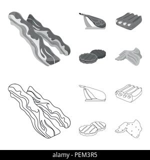 Bacon, jambon, côtes de porc poêlée de côtelettes. Ensemble de la viande dans les grandes lignes les icônes collection style monochrome,symbole vecteur illustration de stock . Illustration de Vecteur