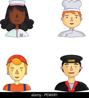 Une infirmière dans une robe de chambre, un cuisinier dans une hotte, un constructeur dans un casque, un chauffeur de taxi à un plafond. Les gens de différentes professions set collection icônes de c Illustration de Vecteur