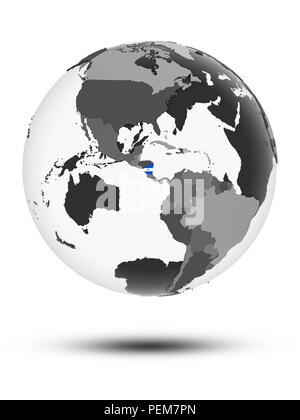 Nicaragua avec drapeau sur le globe avec ombre isolé sur fond blanc. 3D illustration. Banque D'Images