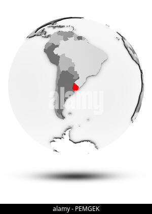 L'Uruguay sur le globe gris simple avec ombre isolé sur fond blanc. 3D illustration. Banque D'Images