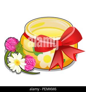 Pot de miel en verre transparent attaché par un ruban rouge, arc et fleurs de prairie et Daisy Clover isolé sur fond blanc. Cartoon Vector illustration close-up. Illustration de Vecteur