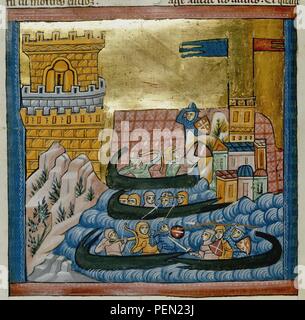 Livre des ansienes estoires Li - légende '(Miniature) f.136v. Bataille navale entre les flottes de Crète et Athènes, avec des troupes dans un navire à attaquer un château sur la rive." Banque D'Images