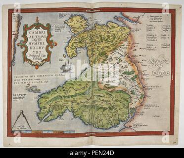 L'Atlas de lord Burghley - légende "carte imprimée aux couleurs du Pays de Galles et d'Anglesey' Banque D'Images