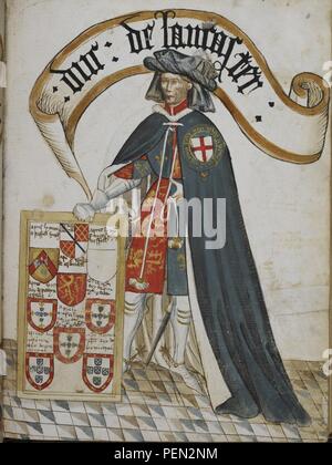 William Bruges's Garter Livre - légende "Portrait de Henry, duc de Lancastre, un chevalier fondateur de l'ordre de la Jarretière, le port d'un porte-jarretelles bleu manteau sur l'armure de plaque et surcoat avec ses bras. Une tablette affiche encadrée 0119 peint. Banque D'Images