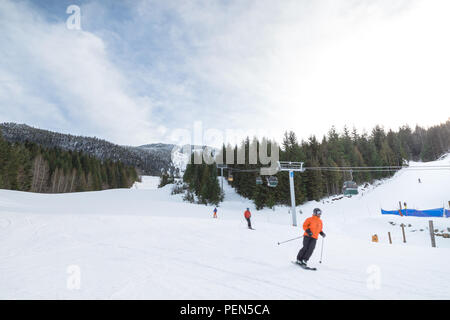 Les skieurs floue la descente sur le mont Whistler. Banque D'Images