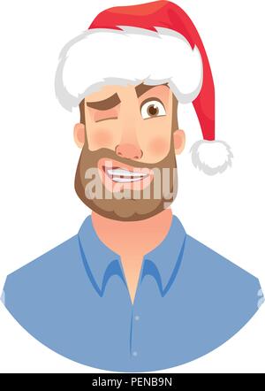 Businessman in Santa Claus hat. Clignant de l'homme. Visage de l'homme à barbe Illustration de Vecteur