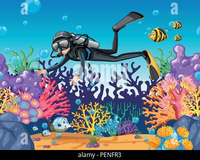 Scuba Diver plongée dans la belle illustration de récif Illustration de Vecteur