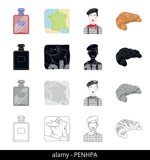 Parfum français, le territoire de la carte, l'image du français, le croissant.France set collection icônes de caricature contour noir monochrome st Illustration de Vecteur