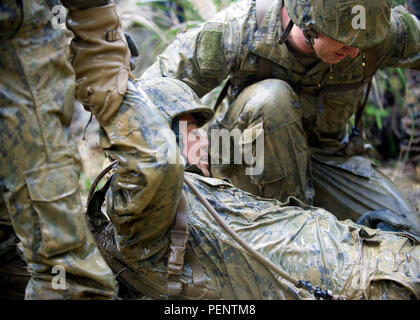 160112-N-GJ415-122 Okinawa, Japon (Janv. 12, 2016) avec la construction navale Seabees Mobile Bataillon (NMCB) 3 Travailler ensemble pour quitter une tranchée remplie de boue pendant une jungle warfare training organisé par l'évolution de la marine La guerre de jungle Training Centre (ETFC). Les cours d'endurance ETFC les tests de résistance et volonté, Seabees la capacité de travailler en équipe. 3 NMCB est déployée sur plusieurs pays de la zone d'opérations du Pacifique, la conduite des opérations de construction et les projets d'aide humanitaire. (U.S. Photo par marine Spécialiste de la communication de masse 1re classe Michael Gomez/libérés) Banque D'Images