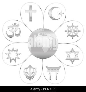 Religions du monde united sur une fleur d'argent avec la planète Terre en centre. Des signes de principaux groupes religieux et les religions. Banque D'Images