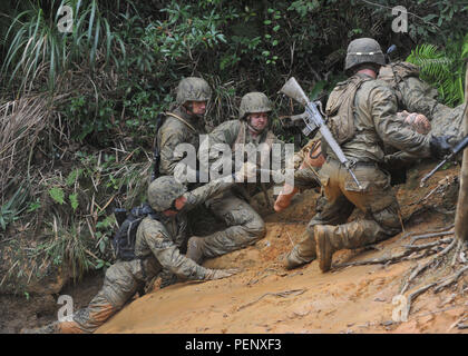 160112-N-ZZ999-728 Okinawa, Japon (Janv. 12, 2016) de la construction navale Seabees Mobile Bataillon (NMCB) 3 effectuer une victime simulée sur une civière improvisée à travers la jungle lors de l'exécution d'un six heures de cours à la Marine Corps la guerre de jungle Training Centre (ETFC). Un total de 49 NMCB-3 Seabees ont assisté à la période de cinq jours. cours ETFC (U.S. Photo par Marine Hospital Corpsman 3rd Class Kyle Benson/libérés) Banque D'Images