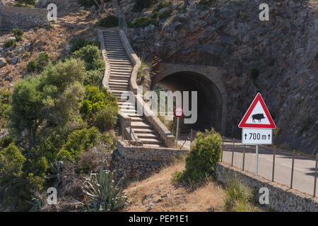 La plate-forme d'observation "Mirador de Ricardo Roca' près de Estellencs avec une petite chapelle sur la côte ouest de Majorque et signe de route Attention Faune - Boa Banque D'Images