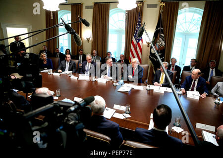 Washington, USA. 16 août 2018. Le Président des Etats-Unis, Donald J. Trump, centre, organise une réunion du Cabinet dans la salle du Cabinet de la Maison Blanche le 16 août 2018 à Washington, DC. Sur la photo de gauche à droite : le secrétaire de l'éducation Betsy DeVos ; Secrétaire de la Santé et des Services humains, Alex Azar ; secrétaire de l'intérieur Ryan Zinke ; le secrétaire d'Etat américain, Mike Pompeo ; le président ; vice-secrétaire de la Défense Patrick M. Shanahan ; et secrétaire au Commerce Wilbur Ross. Credit : Oliver Contreras/Piscine/MediaPunch via CNP Crédit : MediaPunch Inc/Alamy Live News Banque D'Images