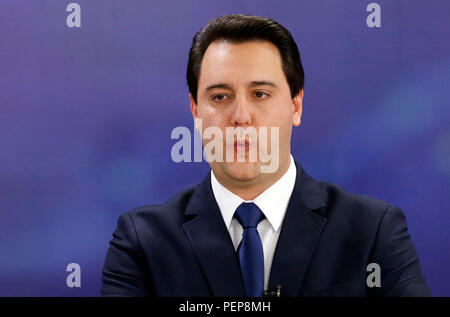 Curitiba, Brésil. Août 16, 2018. Le candidat Junior Ratinho (PSD) au cours du débat des candidats pour le gouvernement du Paraná a tenu sur la TV Bandeirantes Paraná à Curitiba, PR. Credit : Rodolfo Buhrer/La/FotoArena Imagem/Alamy Live News Banque D'Images