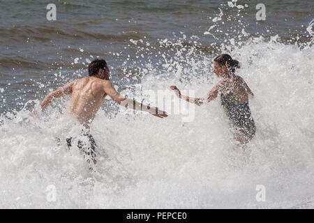 Dorset, UK. 17 août, 2018. Météo France : les vacanciers aiment jouer dans la ruche à Ocean Surf Beach de Burton Bradstock sur une chaude après-midi. Crédit : Guy Josse/Alamy Live News Banque D'Images