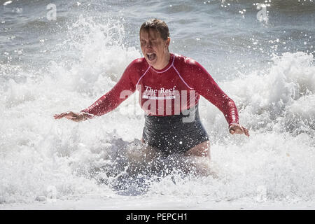 Dorset, UK. 17 août, 2018. Météo France : les vacanciers aiment jouer dans la ruche à Ocean Surf Beach de Burton Bradstock sur une chaude après-midi. Crédit : Guy Josse/Alamy Live News Banque D'Images