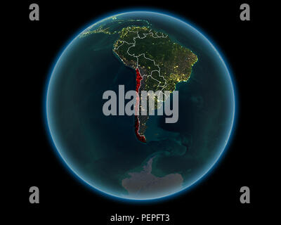 Le Chili en rouge avec des frontières du pays visibles et les lumières de la ville à partir de l'espace la nuit. 3D illustration. Éléments de cette image fournie par la NASA. Banque D'Images