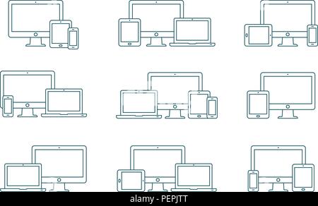 Vector set de contours icônes de périphériques. Moniteur, ordinateur portable, tablet pc et smartphone. Illustration de Vecteur