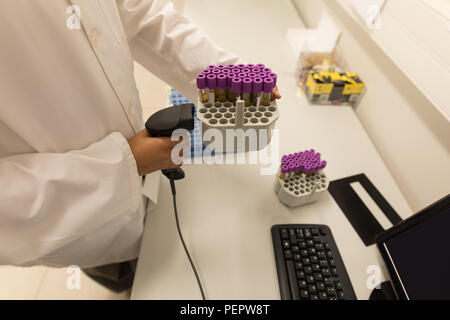 Technicien de laboratoire de code barre scanner test tube rack Banque D'Images