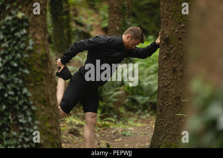 Man doing stretching in forest Banque D'Images