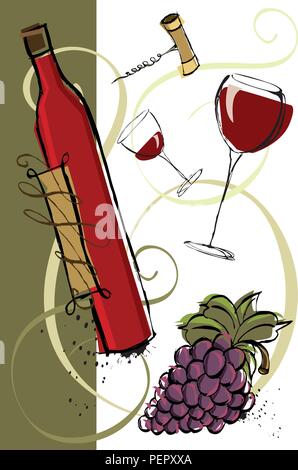 Le nouveau millésime du vin rouge. Bouteille de vin rouge, verres à vin, des raisins, et un tire-bouchon. Illustration de Vecteur