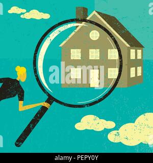 La recherche d'une maison. Une femme à travers une loupe sur une maison. Illustration de Vecteur