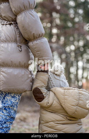 Vue rapprochée de l'arrière d'une mère tenant les mains à l'extérieur de son petit enfant dans la forêt les deux portant des manteaux d'hiver. Banque D'Images