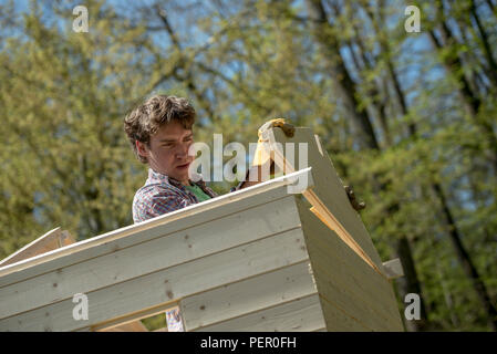 Jeune homme la construction d'une cabane de jardin en bois raccord intérieur permanent d'une planche de bois en position vu du dessous. Banque D'Images