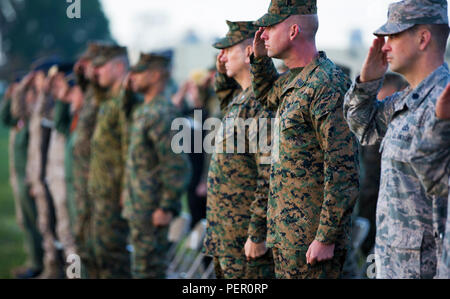 Les Marines américains, marins et membres de la Force aérienne espagnole, salue pour l'hymne national lors d'un transfert d'autorité, de la Base Aérienne de Morón, Espagne, le 26 janvier 2016. Le colonel Calvert L. Worth autorités transférées Jr. comme commandant de la Marine à usage spécifique du groupe de travail air-sol Response-Africa Crise au Colonel Martin F. Wetterauer III. (U.S. Marine Corps photo par le Sgt. Kassie L. McDole/libérés) Banque D'Images